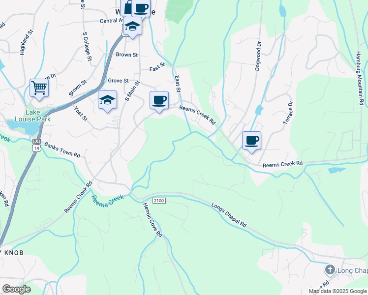 map of restaurants, bars, coffee shops, grocery stores, and more near 31 Terrace Lane in Weaverville