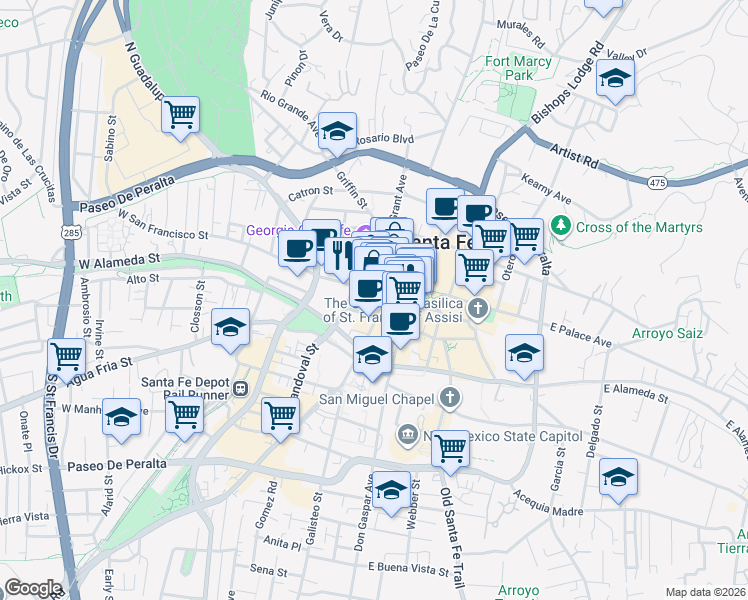 map of restaurants, bars, coffee shops, grocery stores, and more near 31 Burro Alley in Santa Fe