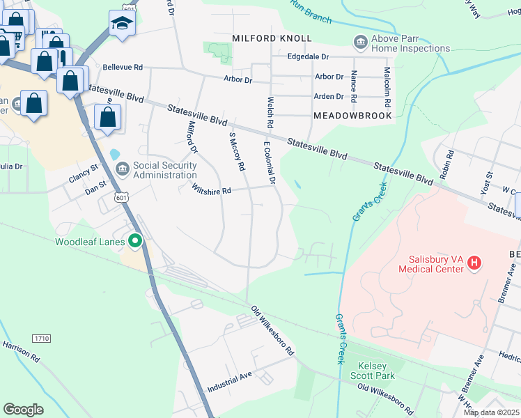 map of restaurants, bars, coffee shops, grocery stores, and more near 213 South Mccoy Road in Salisbury