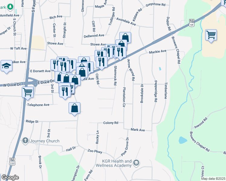 map of restaurants, bars, coffee shops, grocery stores, and more near 640 Hemlock Drive in Asheboro