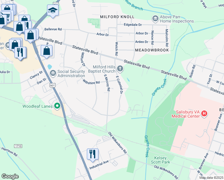 map of restaurants, bars, coffee shops, grocery stores, and more near 213 South Mccoy Road in Salisbury