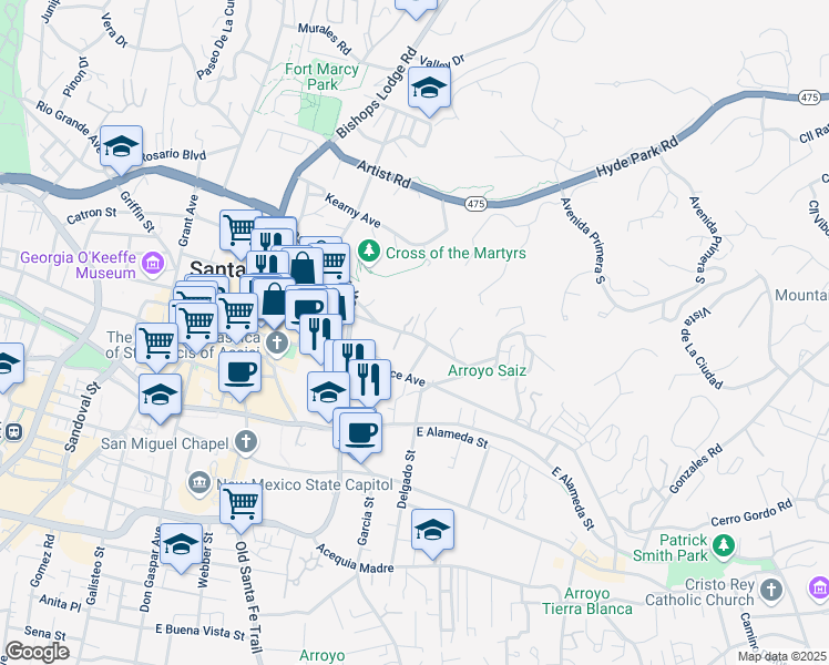 map of restaurants, bars, coffee shops, grocery stores, and more near 347 Hillside Avenue in Santa Fe