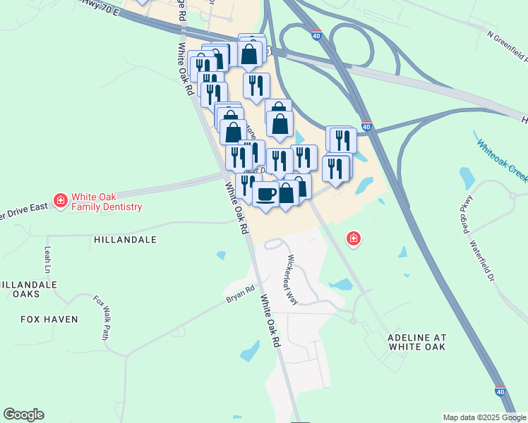 map of restaurants, bars, coffee shops, grocery stores, and more near 1040 Timber Drive East in Garner