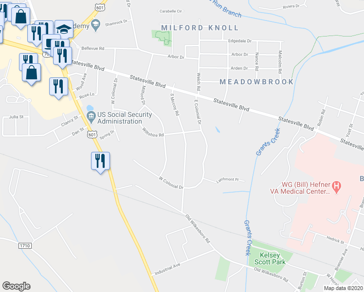 map of restaurants, bars, coffee shops, grocery stores, and more near 220 South Mccoy Road in Salisbury