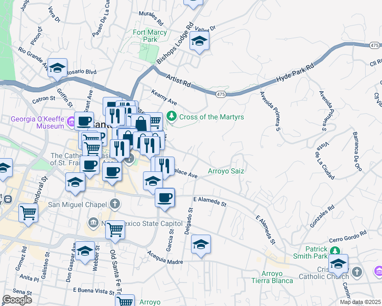 map of restaurants, bars, coffee shops, grocery stores, and more near 347 Hillside Avenue in Santa Fe