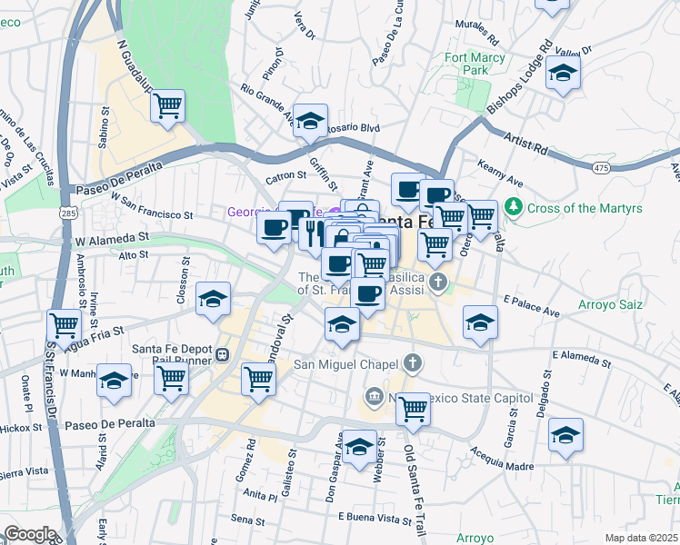 map of restaurants, bars, coffee shops, grocery stores, and more near 31 Burro Alley in Santa Fe