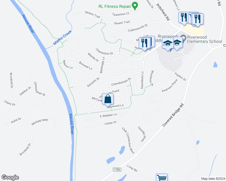 map of restaurants, bars, coffee shops, grocery stores, and more near 301 Houston Lane in Clayton