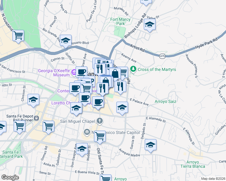 map of restaurants, bars, coffee shops, grocery stores, and more near 131 Nusbaum Street in Santa Fe