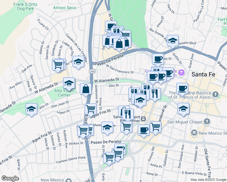 map of restaurants, bars, coffee shops, grocery stores, and more near 204 Maynard Street in Santa Fe
