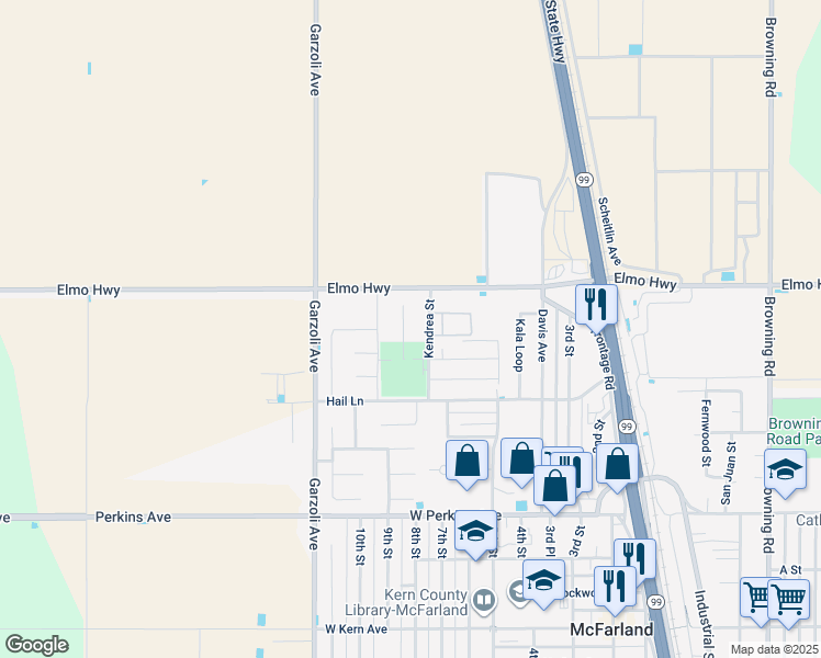 map of restaurants, bars, coffee shops, grocery stores, and more near 1020 Kendrea Street in McFarland
