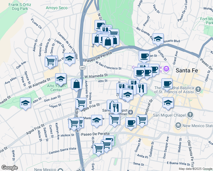 map of restaurants, bars, coffee shops, grocery stores, and more near 204 Maynard Street in Santa Fe