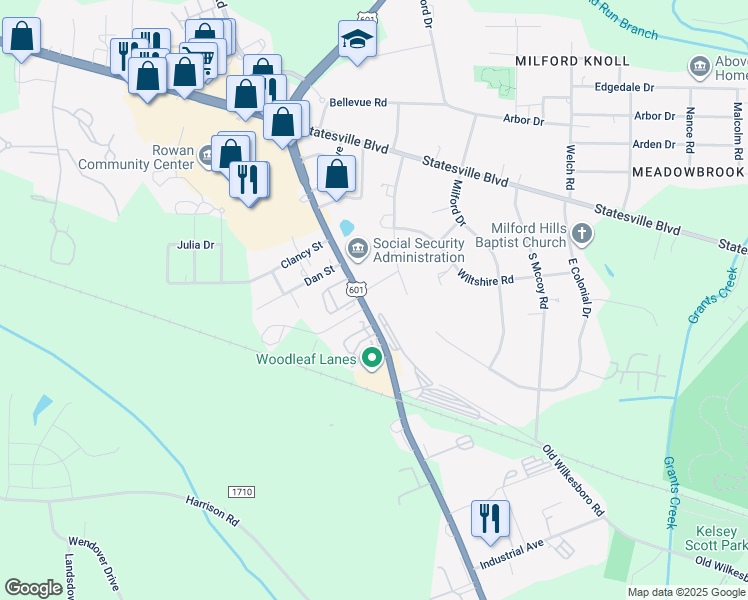 map of restaurants, bars, coffee shops, grocery stores, and more near 111 Spring Drive in Salisbury