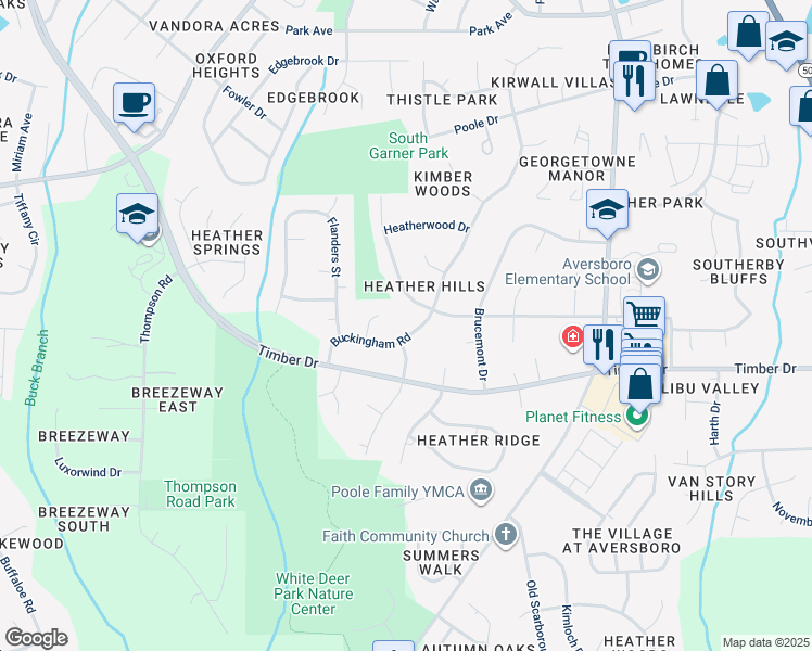 map of restaurants, bars, coffee shops, grocery stores, and more near 106 Queensbury Court in Garner