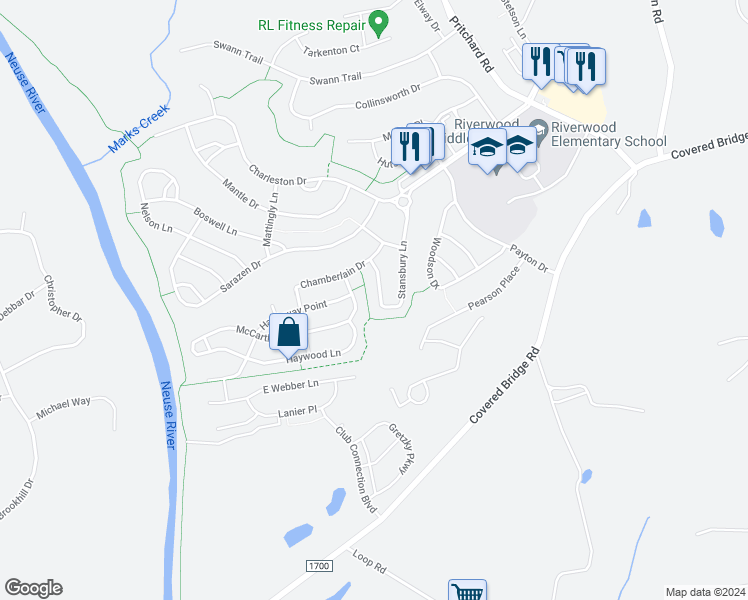 map of restaurants, bars, coffee shops, grocery stores, and more near 276 Stansbury Lane in Clayton