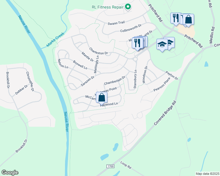 map of restaurants, bars, coffee shops, grocery stores, and more near 324 Chamberlain Drive in Clayton