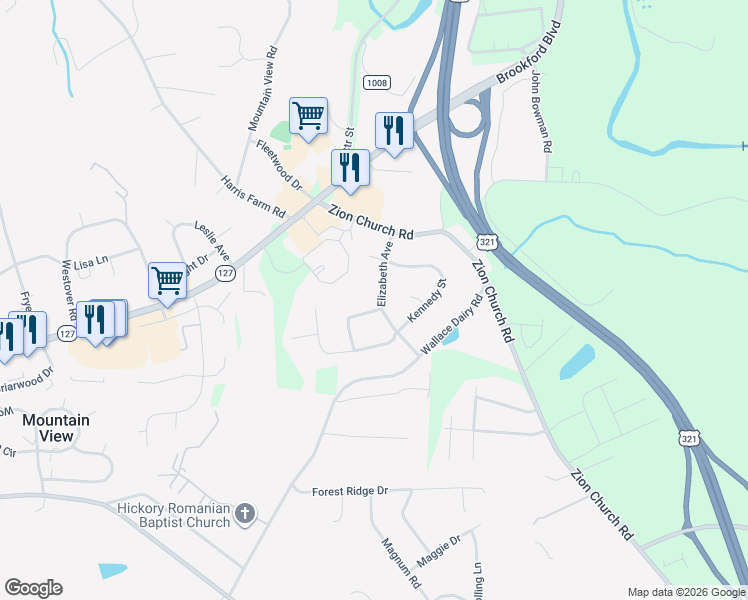 map of restaurants, bars, coffee shops, grocery stores, and more near 2041 Elizabeth Avenue in Hickory