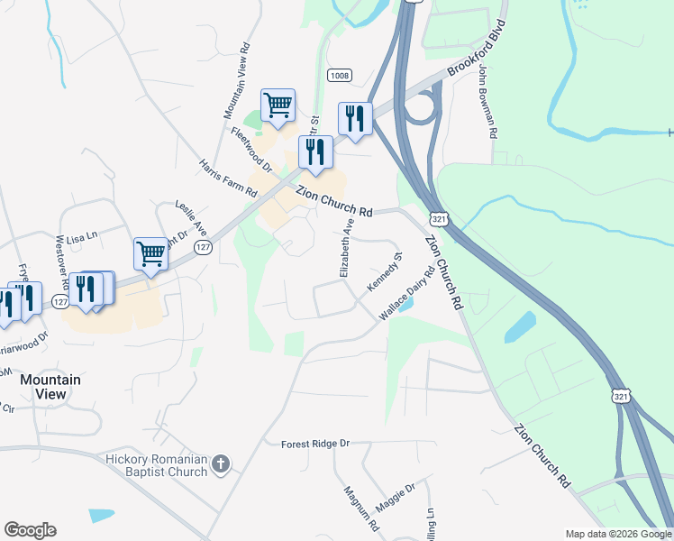 map of restaurants, bars, coffee shops, grocery stores, and more near 2041 Elizabeth Avenue in Hickory