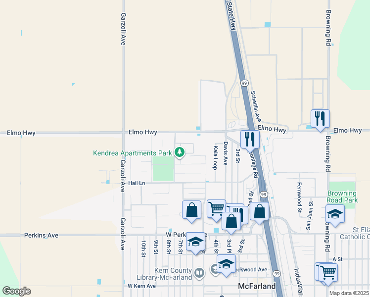 map of restaurants, bars, coffee shops, grocery stores, and more near 650 Hail Lane in McFarland