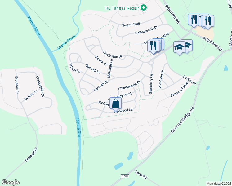 map of restaurants, bars, coffee shops, grocery stores, and more near 316 Houston Lane in Clayton