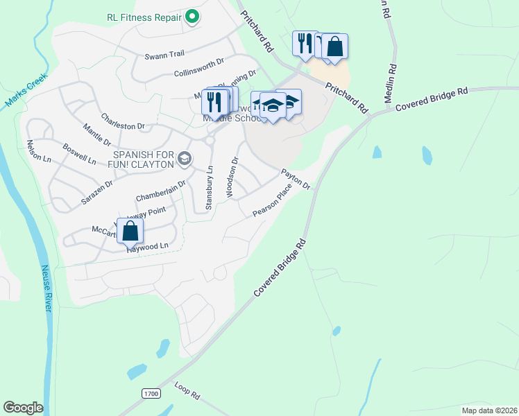 map of restaurants, bars, coffee shops, grocery stores, and more near 133 Pearson Place in Clayton