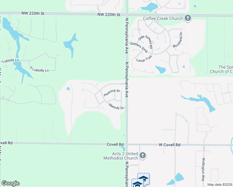map of restaurants, bars, coffee shops, grocery stores, and more near 21256 Robin Ridge Lane in Edmond