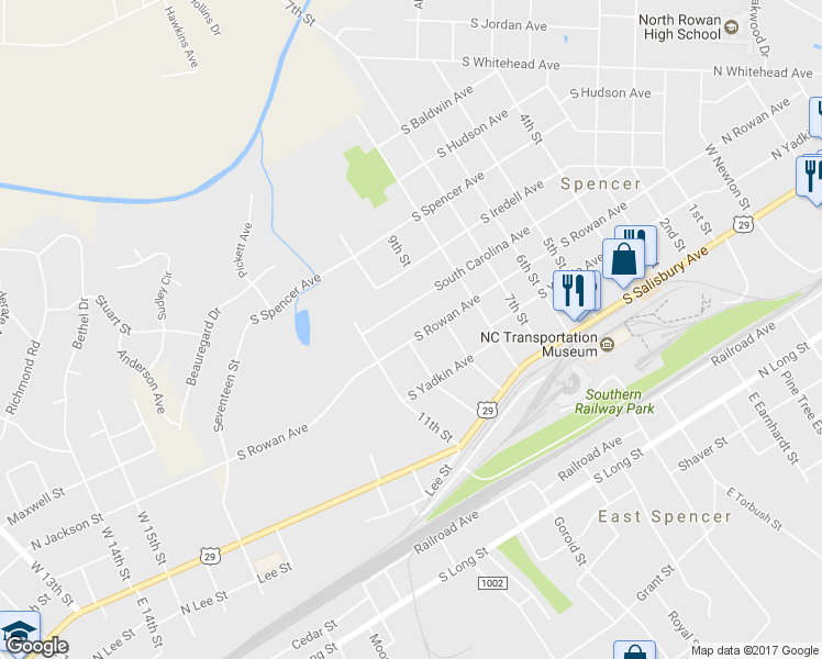 map of restaurants, bars, coffee shops, grocery stores, and more near 910 South Rowan Avenue in Salisbury