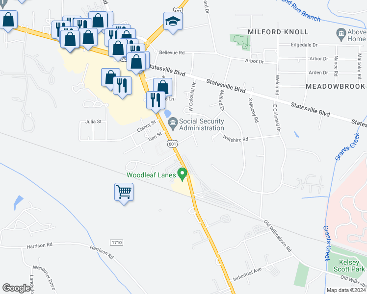 map of restaurants, bars, coffee shops, grocery stores, and more near 111 Spring Drive in Salisbury