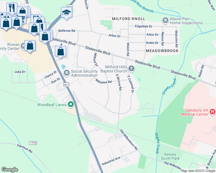 map of restaurants, bars, coffee shops, grocery stores, and more near 210 Milford Drive in Salisbury