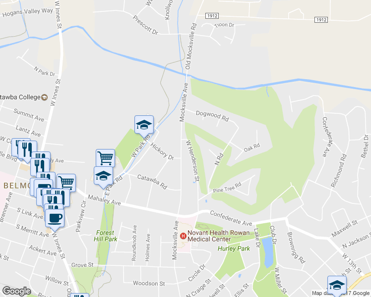 map of restaurants, bars, coffee shops, grocery stores, and more near 1287 West Henderson Street in Salisbury