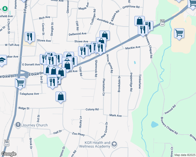 map of restaurants, bars, coffee shops, grocery stores, and more near 1429 Shamrock Road in Asheboro