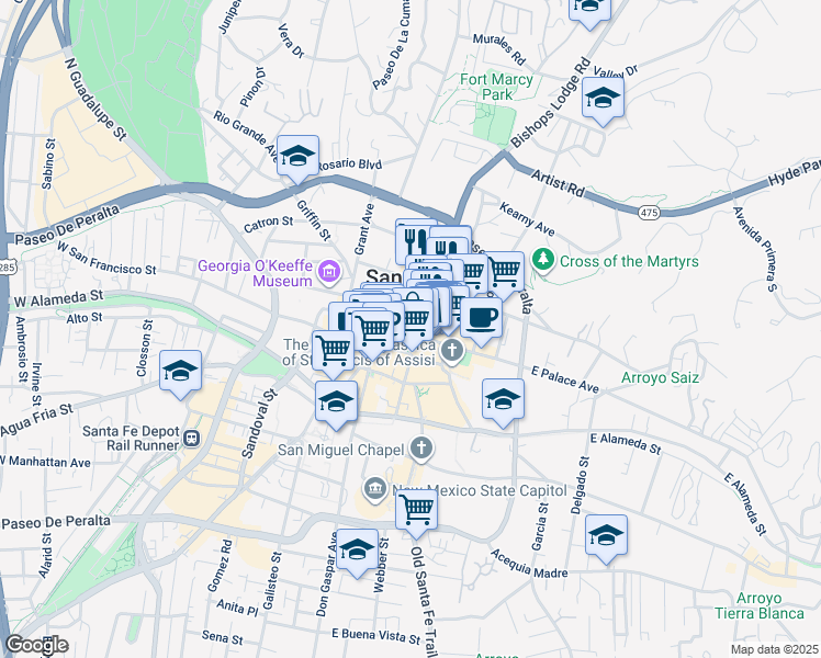 map of restaurants, bars, coffee shops, grocery stores, and more near 105 West Palace Avenue in Santa Fe