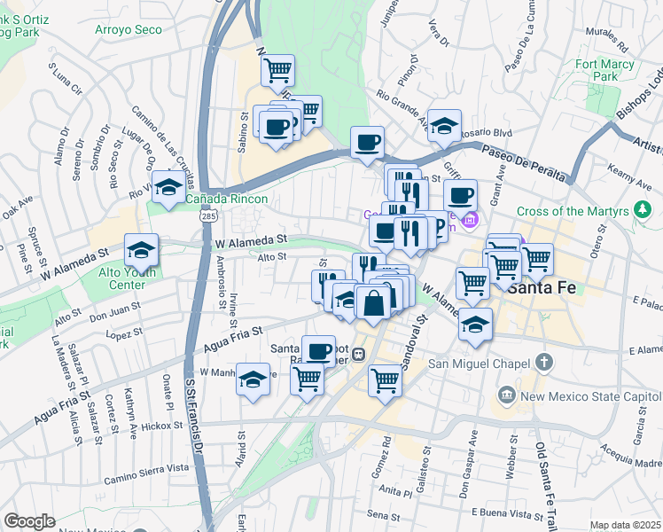 map of restaurants, bars, coffee shops, grocery stores, and more near 550 Alto Street in Santa Fe
