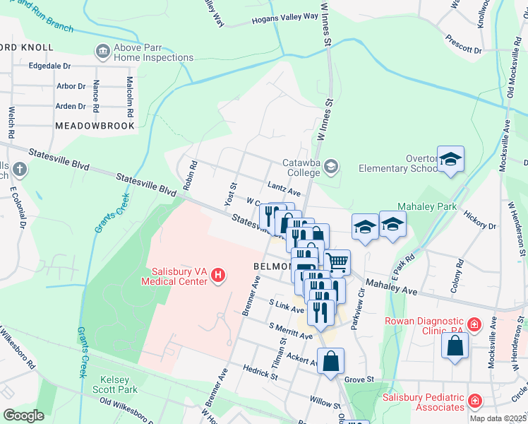 map of restaurants, bars, coffee shops, grocery stores, and more near 219 West Corriher Avenue in Salisbury