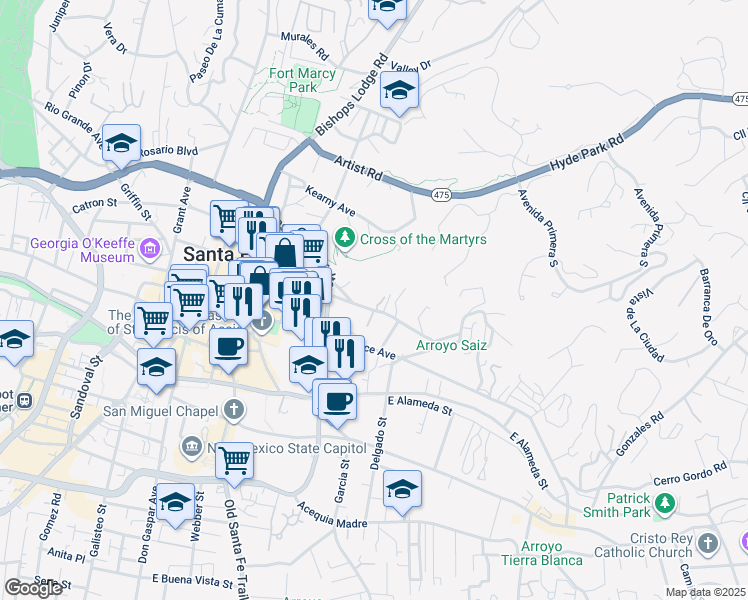 map of restaurants, bars, coffee shops, grocery stores, and more near 347 Hillside Avenue in Santa Fe