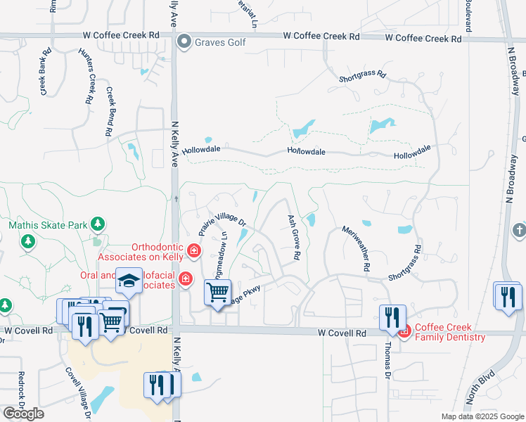 map of restaurants, bars, coffee shops, grocery stores, and more near 3209 Songwood Drive in Edmond