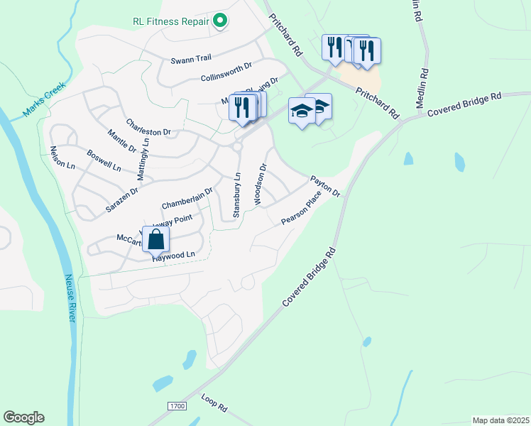 map of restaurants, bars, coffee shops, grocery stores, and more near 389 Woodson Drive in Clayton