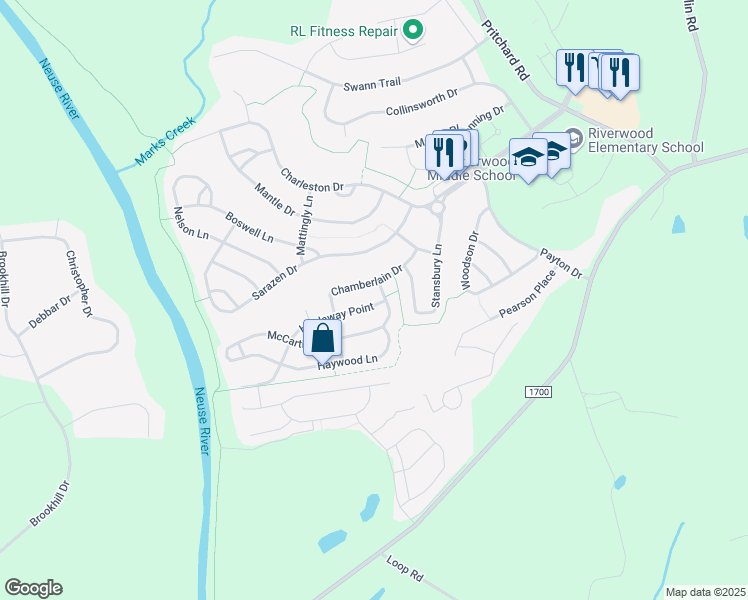 map of restaurants, bars, coffee shops, grocery stores, and more near 105 Hardaway Point in Clayton