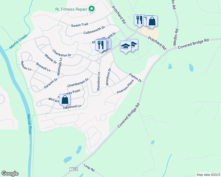 map of restaurants, bars, coffee shops, grocery stores, and more near 389 Woodson Drive in Clayton