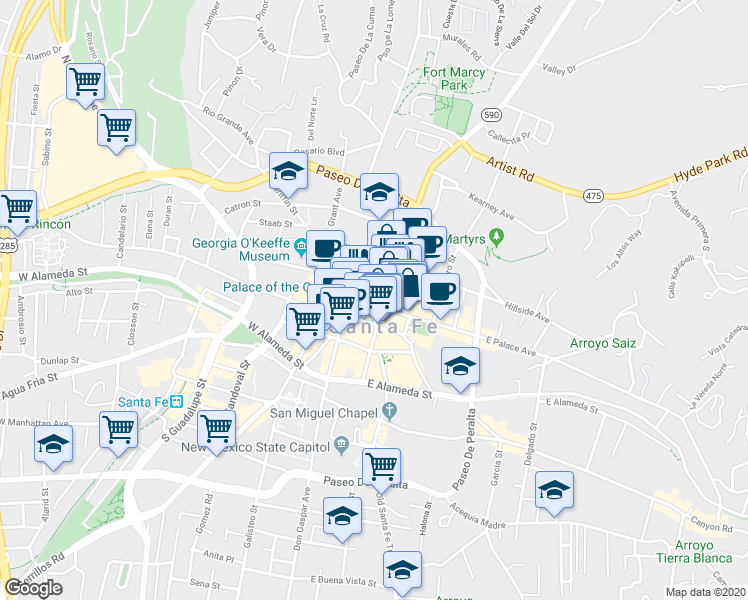 map of restaurants, bars, coffee shops, grocery stores, and more near 105 West Palace Avenue in Santa Fe