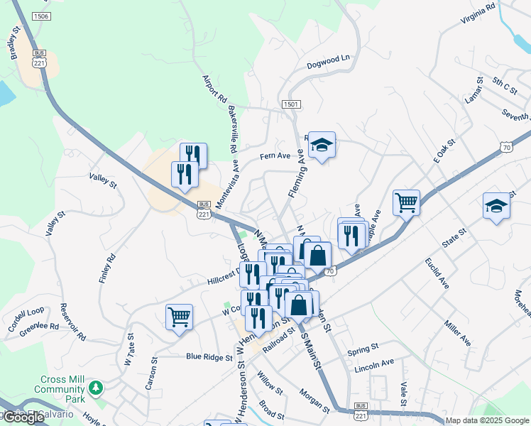 map of restaurants, bars, coffee shops, grocery stores, and more near 65 James Drive in Marion