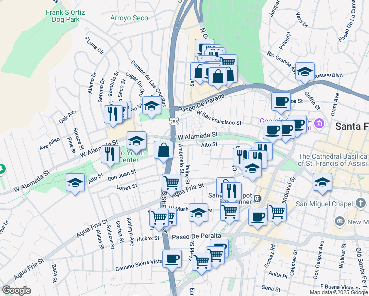 map of restaurants, bars, coffee shops, grocery stores, and more near 205 Irvine Street in Santa Fe