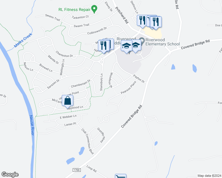 map of restaurants, bars, coffee shops, grocery stores, and more near 377 Woodson Drive in Clayton