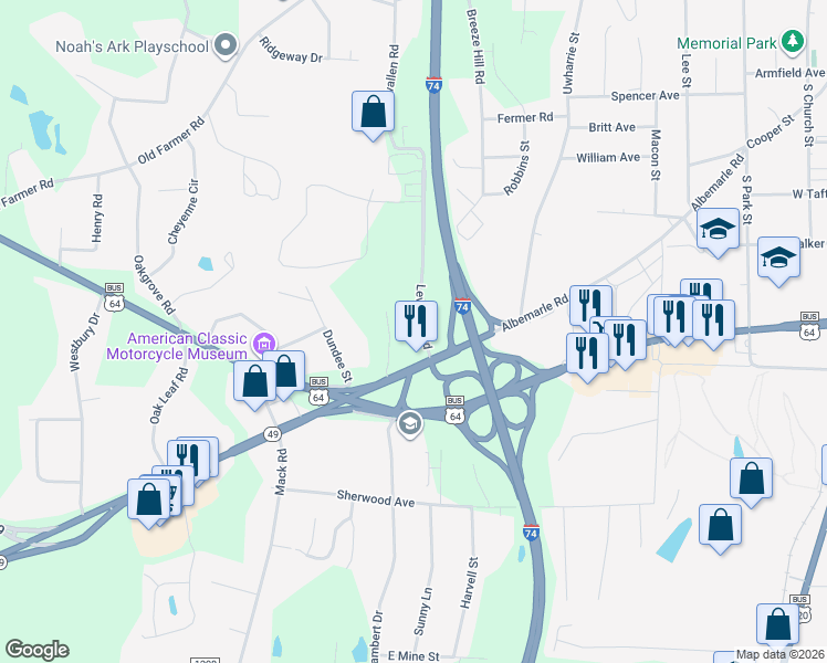 map of restaurants, bars, coffee shops, grocery stores, and more near 135 Lewallen Rd in Asheboro