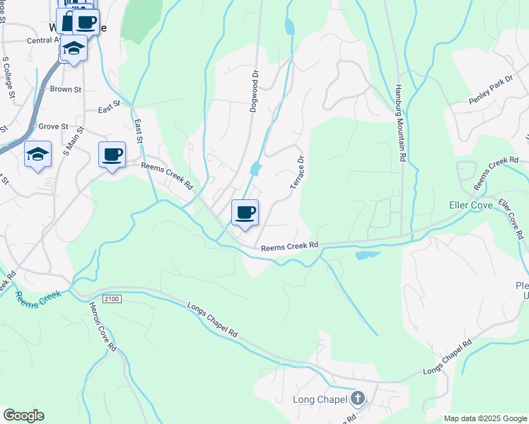 map of restaurants, bars, coffee shops, grocery stores, and more near 22 Terrace Drive in Weaverville