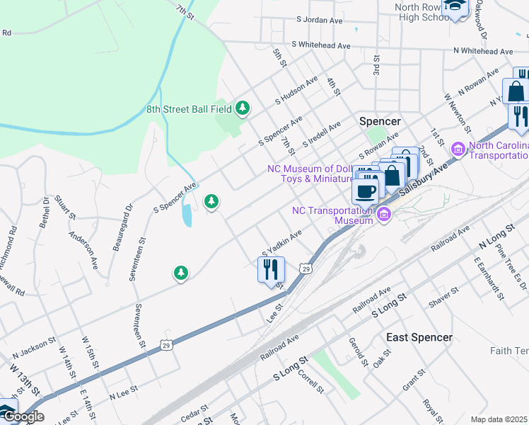 map of restaurants, bars, coffee shops, grocery stores, and more near 910 South Rowan Avenue in Salisbury