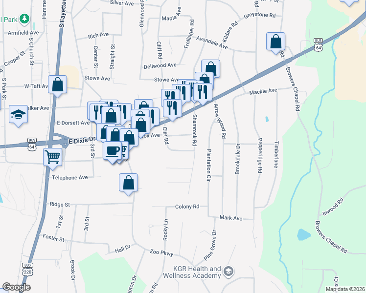 map of restaurants, bars, coffee shops, grocery stores, and more near 619 Hemlock Drive in Asheboro
