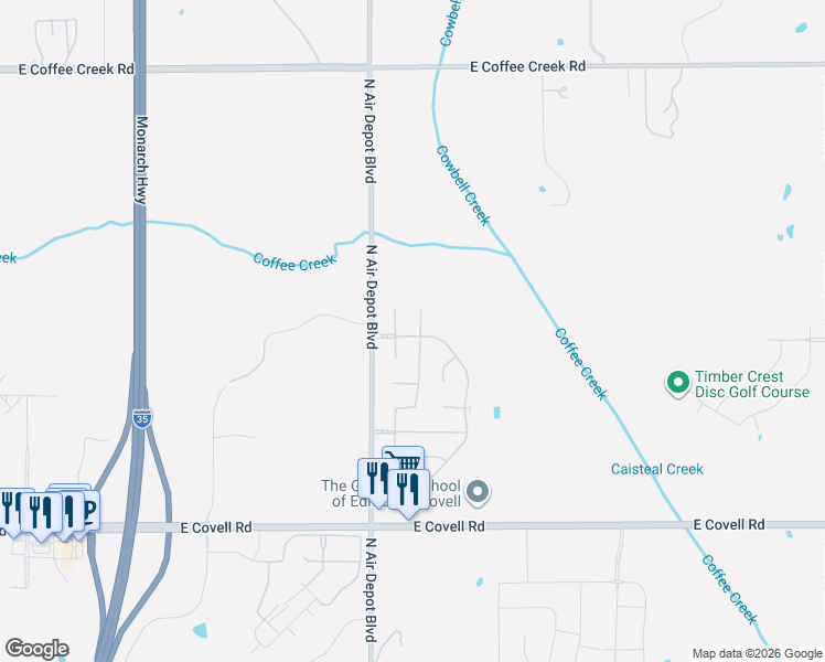 map of restaurants, bars, coffee shops, grocery stores, and more near 3301 Wakefield Road in Edmond