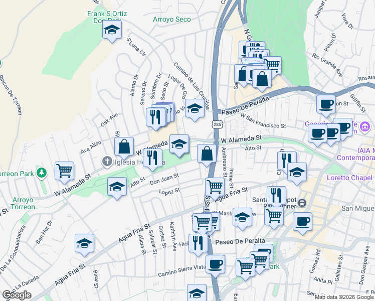 map of restaurants, bars, coffee shops, grocery stores, and more near 927D Alto Street in Santa Fe
