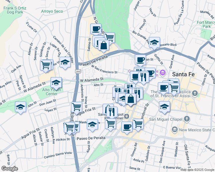 map of restaurants, bars, coffee shops, grocery stores, and more near 624 Alto Street in Santa Fe
