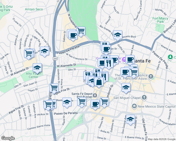 map of restaurants, bars, coffee shops, grocery stores, and more near 550 Alto Street in Santa Fe